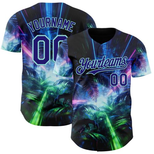 3DPattern14907 Custom Black Dark Purple-Ice Blue Cyber Tropical Palm Trees Dinosaur Gothic Fantasy Authentic Baseball Jersey