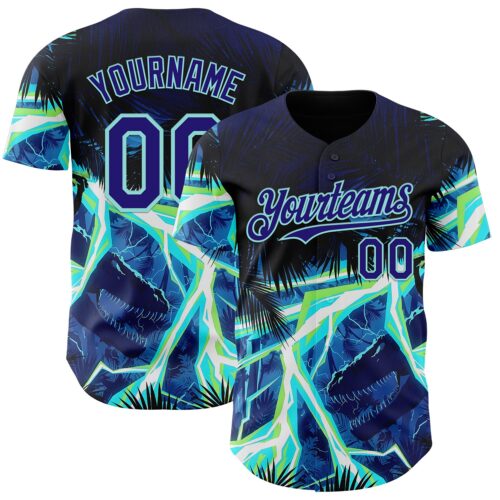 3DPattern14908 Custom Black Dark Purple-Ice Blue Cyber Tropical Palm Trees Dinosaur Gothic Fantasy Authentic Baseball Jersey