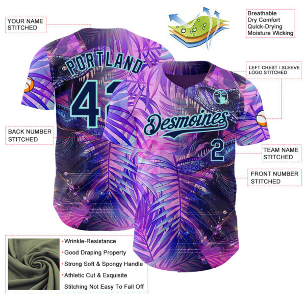 Custom Purple Navy-Ice Blue Cyber Tropical Palm Trees Dinosaur Gothic Fantasy Authentic Baseball Jersey