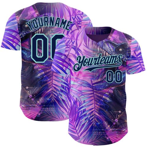 3DPattern14910 Custom Purple Navy-Ice Blue Cyber Tropical Palm Trees Dinosaur Gothic Fantasy Authentic Baseball Jersey