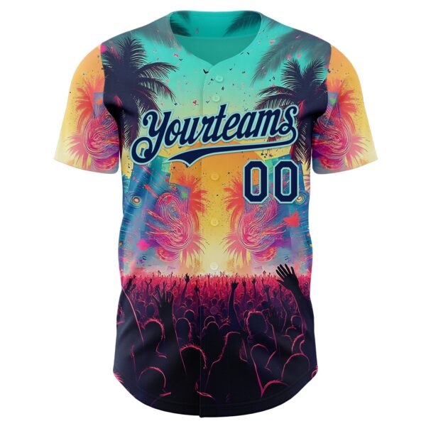 Custom Ice Blue-Navy Cyber Tropical Palm Trees Music Festival Authentic Baseball Jersey