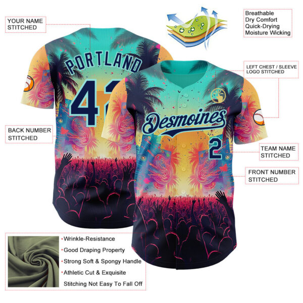 Custom Ice Blue-Navy Cyber Tropical Palm Trees Music Festival Authentic Baseball Jersey