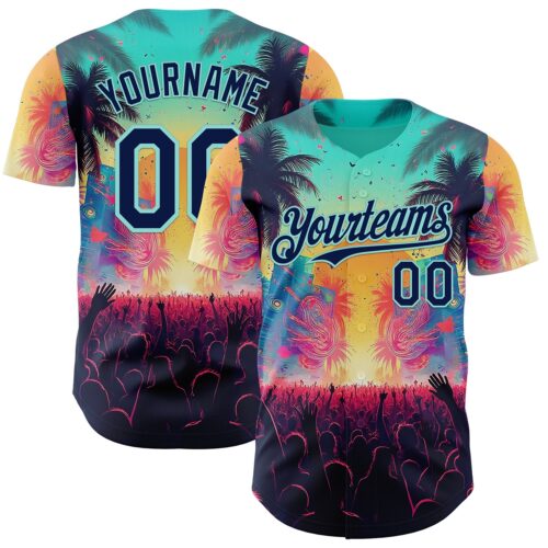 3DPattern14911 Custom Ice Blue-Navy Cyber Tropical Palm Trees Music Festival Authentic Baseball Jersey