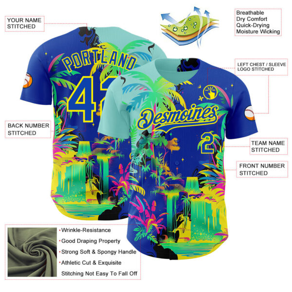 Custom Thunder Blue Green-Light Yellow Cyber Tropical Palm Trees Music Festival Authentic Baseball Jersey