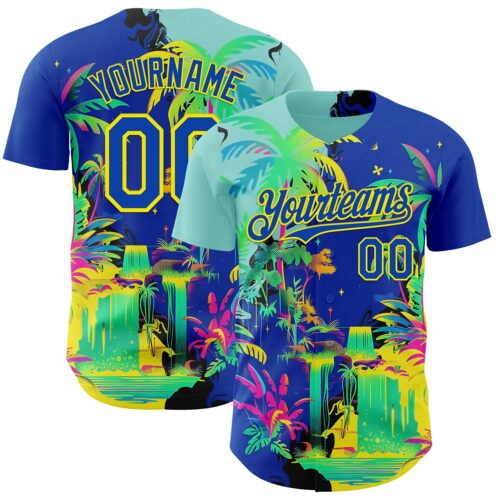 3DPattern14916 Custom Thunder Blue Green-Light Yellow Cyber Tropical Palm Trees Music Festival Authentic Baseball Jersey