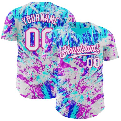 3DPattern14917 Custom Ice Blue White Blue-Deep Pink Cyber Tropical Palm Trees Music Festival Authentic Baseball Jersey