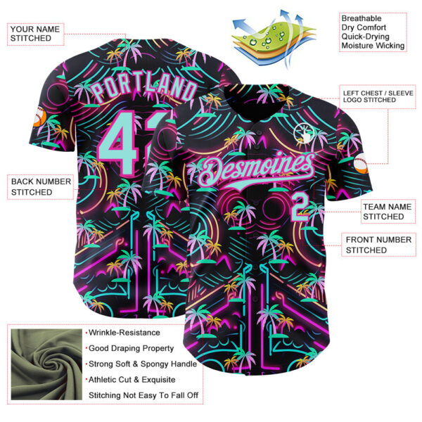 Custom Black Ice Blue-Deep Pink Cyber Tropical Palm Trees Music Festival Authentic Baseball Jersey