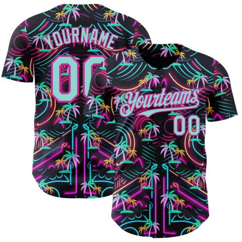 3DPattern14919 Custom Black Ice Blue-Deep Pink Cyber Tropical Palm Trees Music Festival Authentic Baseball Jersey