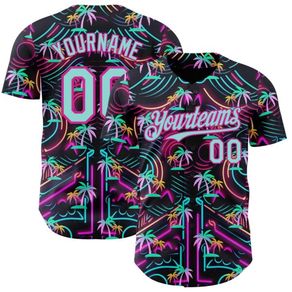 Custom Black Ice Blue-Deep Pink Cyber Tropical Palm Trees Music Festival Authentic Baseball Jersey