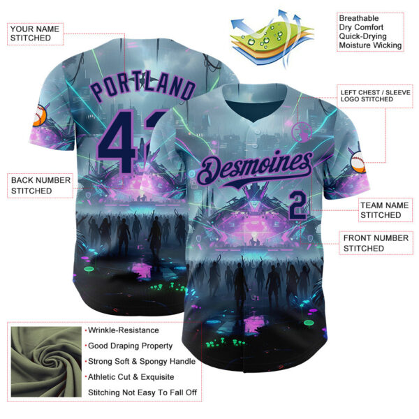 Custom Gray Navy Black-Medium Purple Cyber Tropical Palm Trees Music Festival Authentic Baseball Jersey