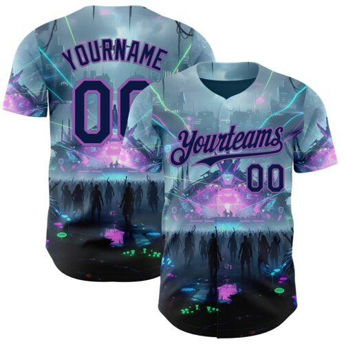 3DPattern14920 Custom Gray Navy Black-Medium Purple Cyber Tropical Palm Trees Music Festival Authentic Baseball Jersey