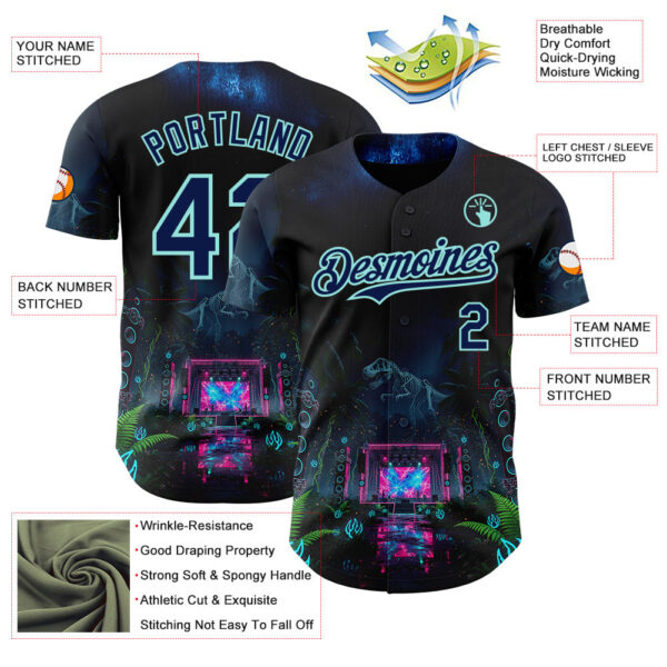 Custom Black Navy-Ice Blue Cyber Tropical Palm Trees Music Festival Gothic Fantasy Authentic Baseball Jersey