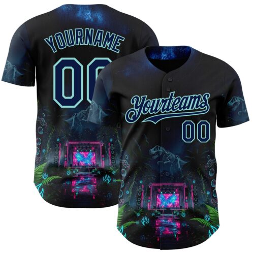 3DPattern14922 Custom Black Navy-Ice Blue Cyber Tropical Palm Trees Music Festival Gothic Fantasy Authentic Baseball Jersey