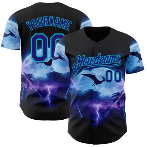 3DPattern14924 Custom Black Dark Purple-Lakes Blue Cyber Tropical Palm Trees Gothic Fantasy Authentic Baseball Jersey