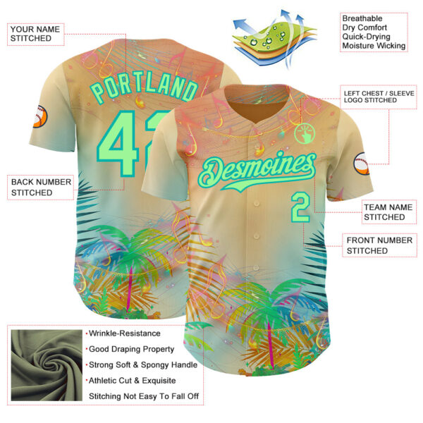 Custom Yellow Pea Green-Aqua Cyber Tropical Palm Trees Music Festival Authentic Baseball Jersey