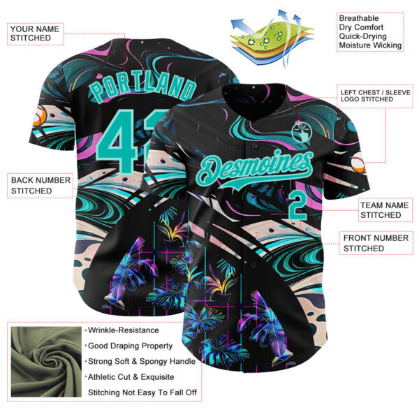 Custom Black Aqua-Ice Blue Cyber Tropical Palm Trees Music Festival Fluid Liquid Authentic Baseball Jersey