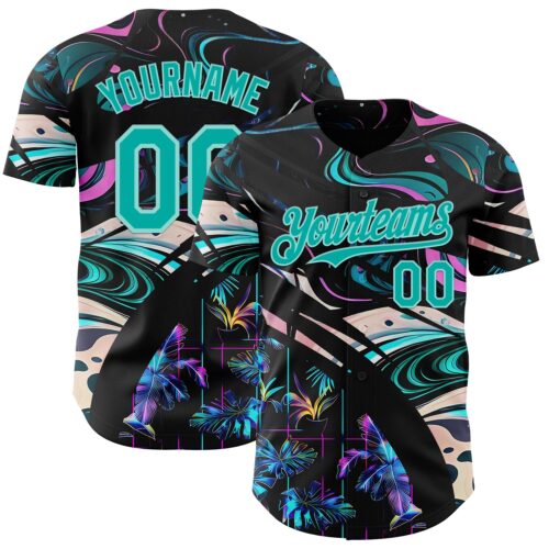 3DPattern14928 Custom Black Aqua-Ice Blue Cyber Tropical Palm Trees Music Festival Fluid Liquid Authentic Baseball Jersey
