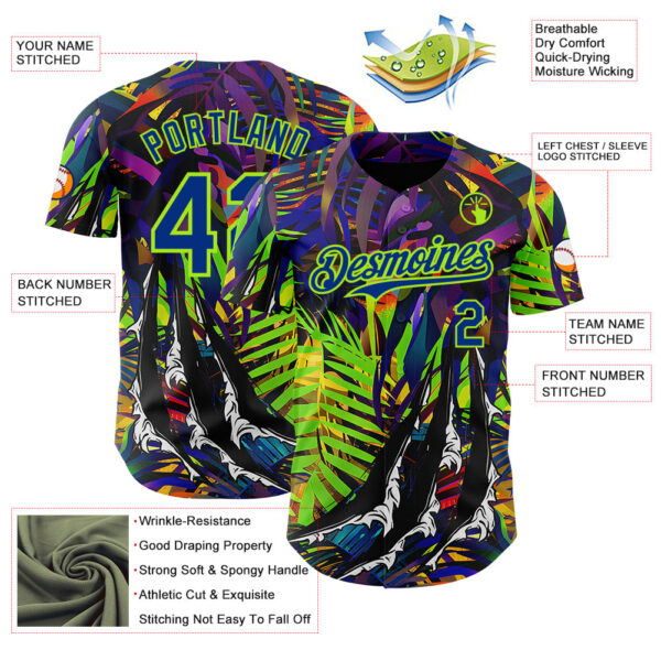 Custom Black Royal-Neon Green Cyber Tropical Palm Trees Music Festival Claw Marks Authentic Baseball Jersey