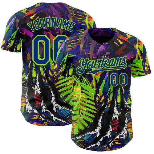 3DPattern14929 Custom Black Royal-Neon Green Cyber Tropical Palm Trees Music Festival Claw Marks Authentic Baseball Jersey