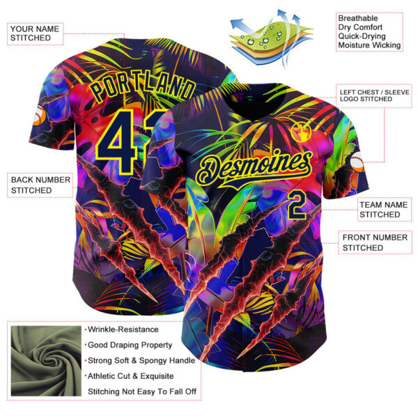 Custom Black Navy-Light Yellow Cyber Tropical Palm Trees Music Festival Claw Marks Authentic Baseball Jersey