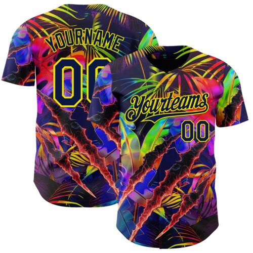 3DPattern14930 Custom Black Navy-Light Yellow Cyber Tropical Palm Trees Music Festival Claw Marks Authentic Baseball Jersey