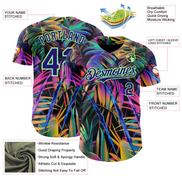 Custom Black Dark Purple-Pea Green Cyber Tropical Palm Trees Music Festival Claw Marks Authentic Baseball Jersey
