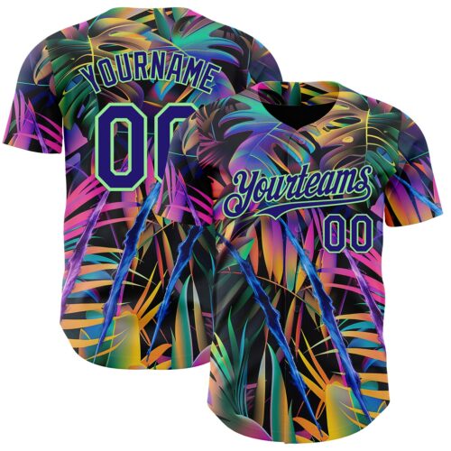 3DPattern14931 Custom Black Dark Purple-Pea Green Cyber Tropical Palm Trees Music Festival Claw Marks Authentic Baseball Jersey