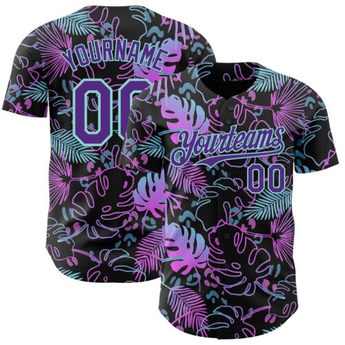 3DPattern14932 Custom Black Purple-Ice Blue Cyber Tropical Palm Trees Music Festival Authentic Baseball Jersey