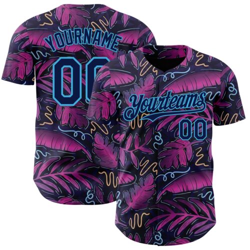 3DPattern14933 Custom Black Navy Purple-Sky Blue Cyber Tropical Palm Trees Music Festival Authentic Baseball Jersey