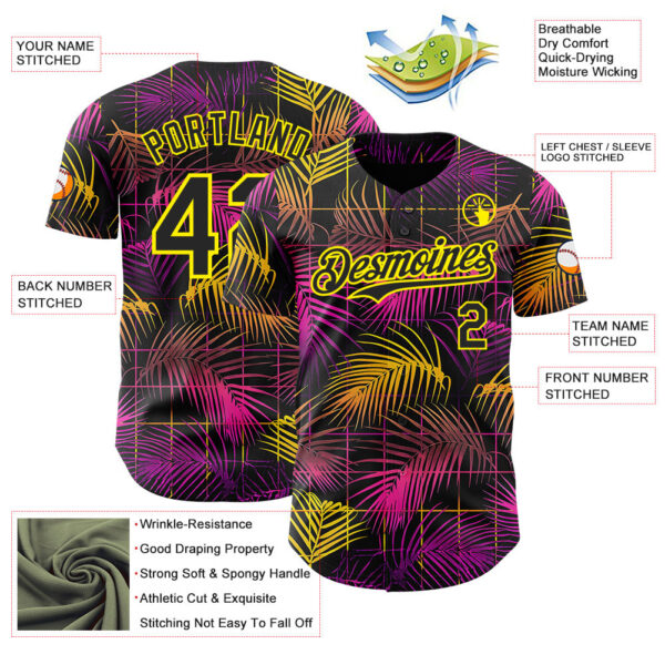 Custom Black Purple-Light Yellow Cyber Tropical Palm Trees Music Festival Authentic Baseball Jersey