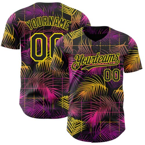 3DPattern14936 Custom Black Purple-Light Yellow Cyber Tropical Palm Trees Music Festival Authentic Baseball Jersey