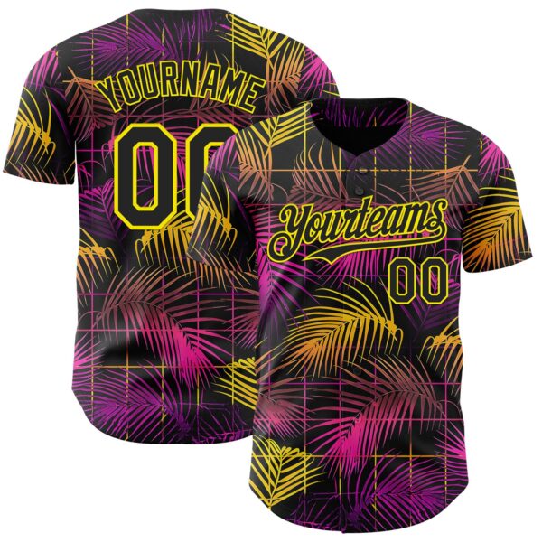 Custom Black Purple-Light Yellow Cyber Tropical Palm Trees Music Festival Authentic Baseball Jersey
