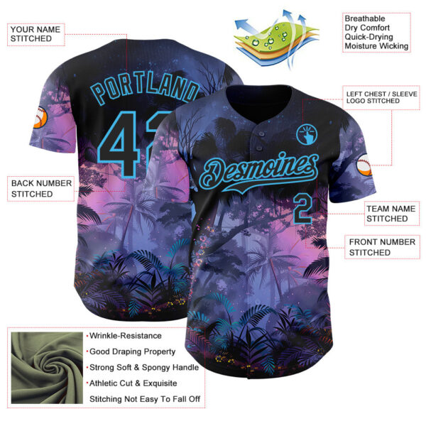 Custom Blue Black Purple-Sky Blue Cyber Tropical Palm Trees Music Festival Authentic Baseball Jersey
