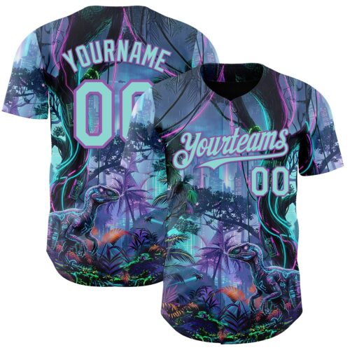 3DPattern14945 Custom Black Ice Blue-Medium Purple Cyber Tropical Palm Trees Music Festival Gothic Fantasy Authentic Baseball Jersey