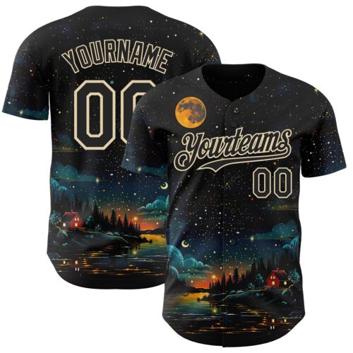3DPattern14948 Custom Black-Cream Galaxy Star Authentic Baseball Jersey