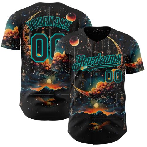 3DPattern14949 Custom Black-Aqua Galaxy Star Nebula Authentic Baseball Jersey
