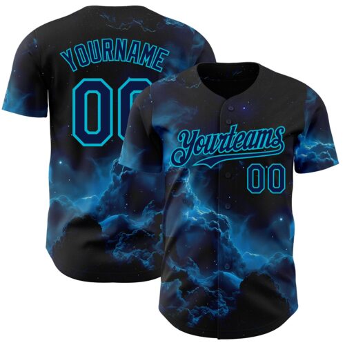 3DPattern14952 Custom Black Navy-Lakes Blue Galaxy Star Nebula Authentic Baseball Jersey