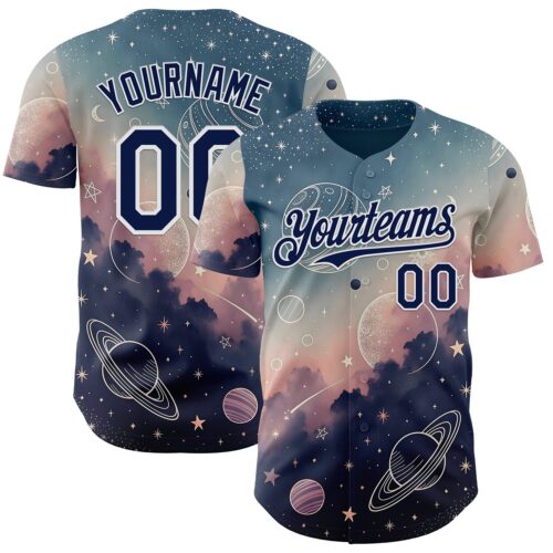 3DPattern14954 Custom Blue Navy Light Pink-White Galaxy Star Nebula Authentic Baseball Jersey