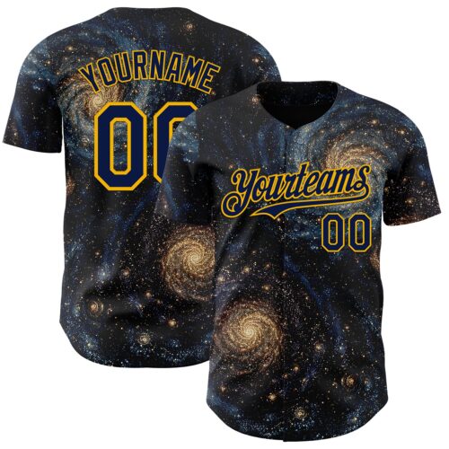 3DPattern14957 Custom Black Navy-Gold Galaxy Star Authentic Baseball Jersey