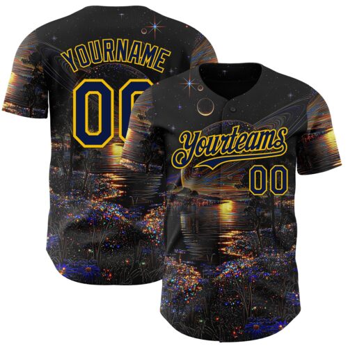 3DPattern14964 Custom Black Navy-Yellow Galaxy Star Authentic Baseball Jersey