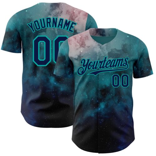 3DPattern14971 Custom Green Navy-Aqua Galaxy Star Nebula Authentic Baseball Jersey