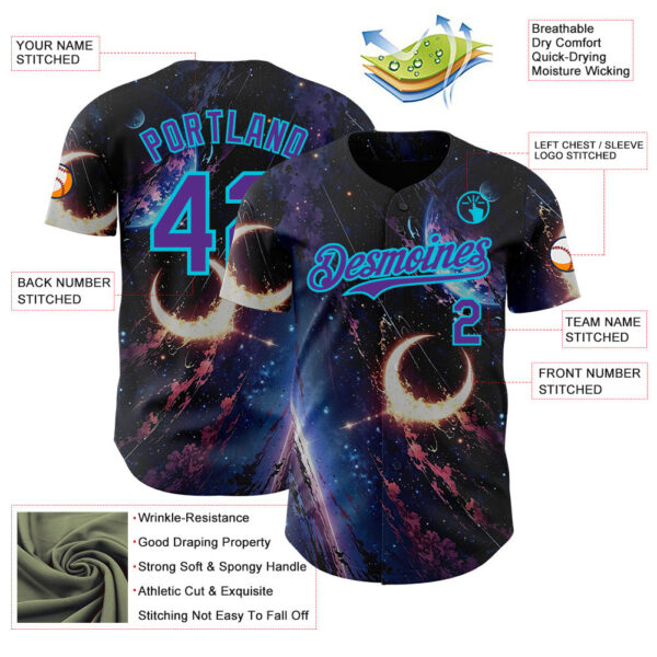 Custom Black Purple-Lakes Blue Galaxy Star Moon Nebula Authentic Baseball Jersey