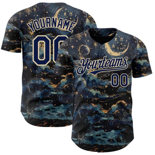 3DPattern14985 Custom Navy-Cream Galaxy Star Nebula Authentic Baseball Jersey