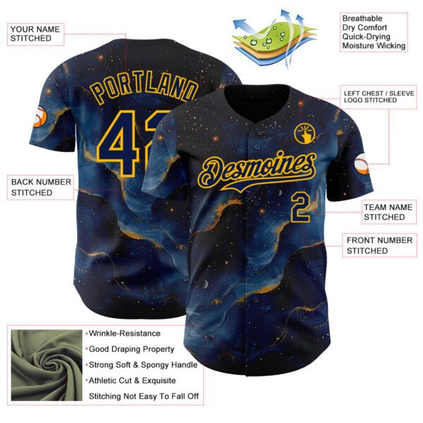 Custom Black Navy-Gold Galaxy Star Nebula Authentic Baseball Jersey