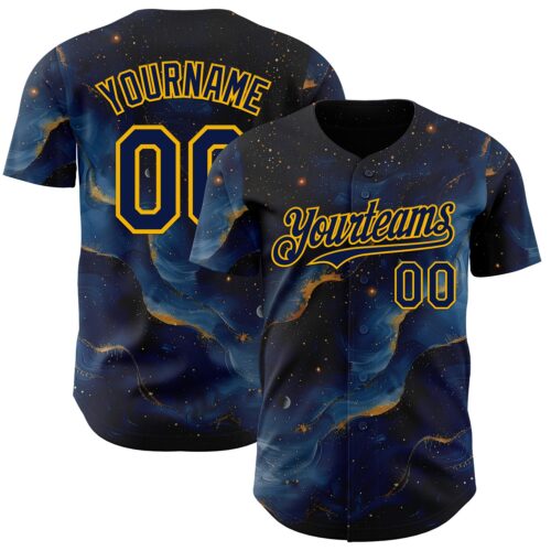 3DPattern14986 Custom Black Navy-Gold Galaxy Star Nebula Authentic Baseball Jersey