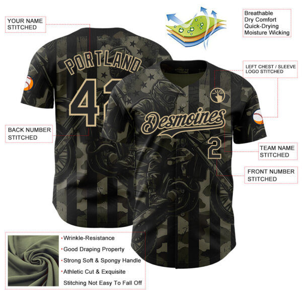 Custom Camo Black-Vegas Gold 3D Pattern Design Motorcycle Motocross Authentic Baseball Jersey