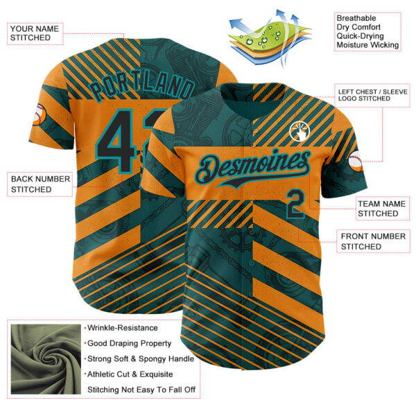 Custom Teal Black-Orange 3D Pattern Design Motorcycle Motocross Stripe Authentic Baseball Jersey