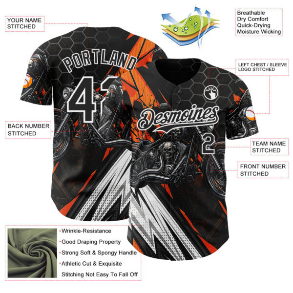 Custom Black Orange Gray-White 3D Pattern Design Motorcycle Motocross Skull Authentic Baseball Jersey