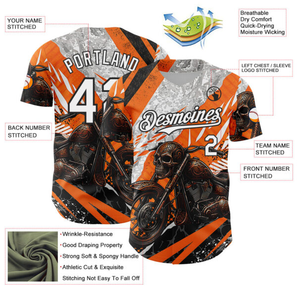 Custom Orange White Gray-Black 3D Pattern Design Motorcycle Motocross Skull Authentic Baseball Jersey