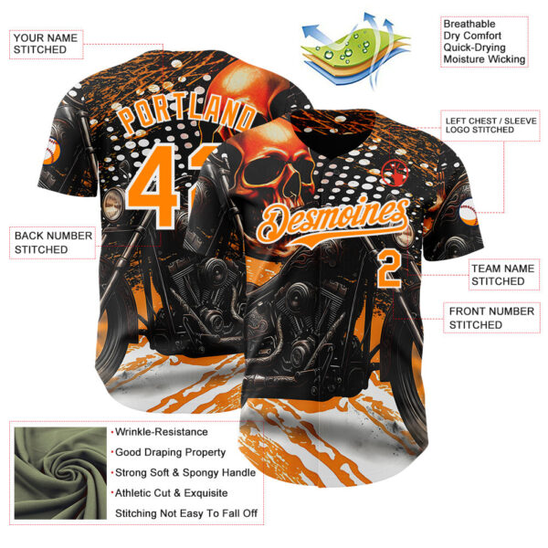 Custom Black Bay Orange Orange-White 3D Pattern Design Motorcycle Motocross Skull Authentic Baseball Jersey